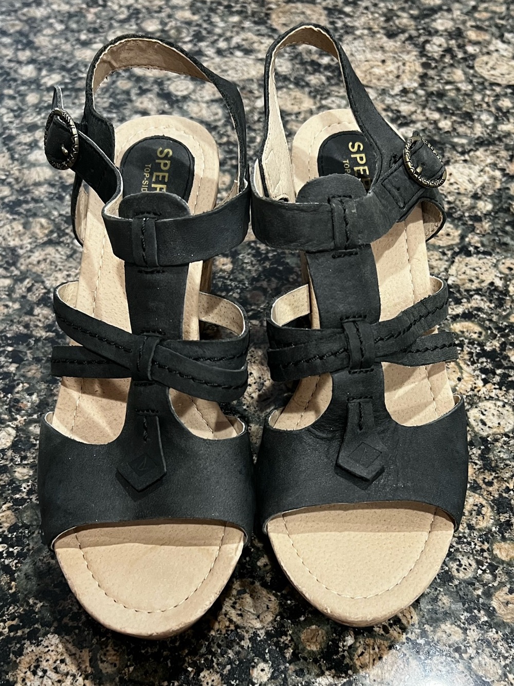 Sperry Black Women's‎ T-Strap Slingback Sandals with Beige Insole